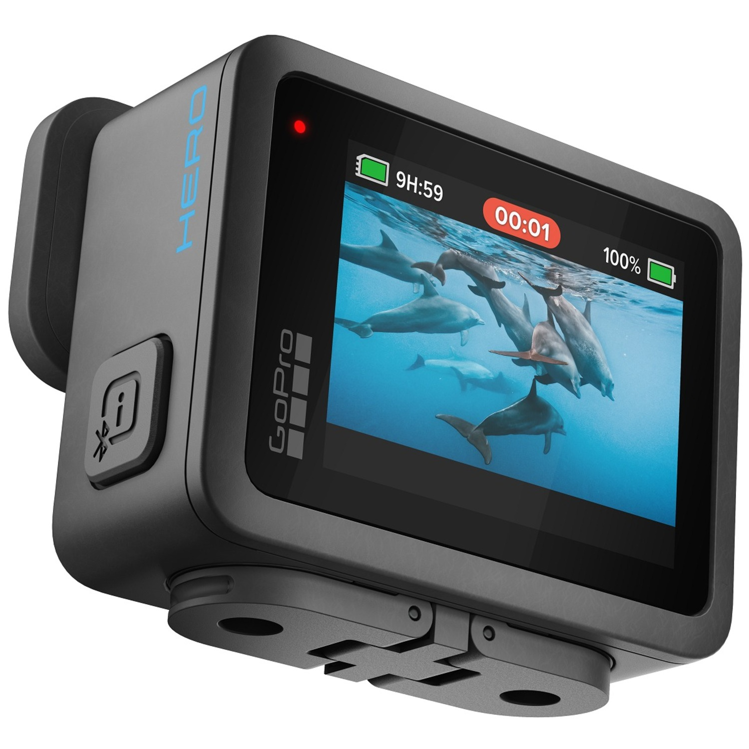 Zwarte GoPro Hero camera, met een video van dolfijnen op het scherm.