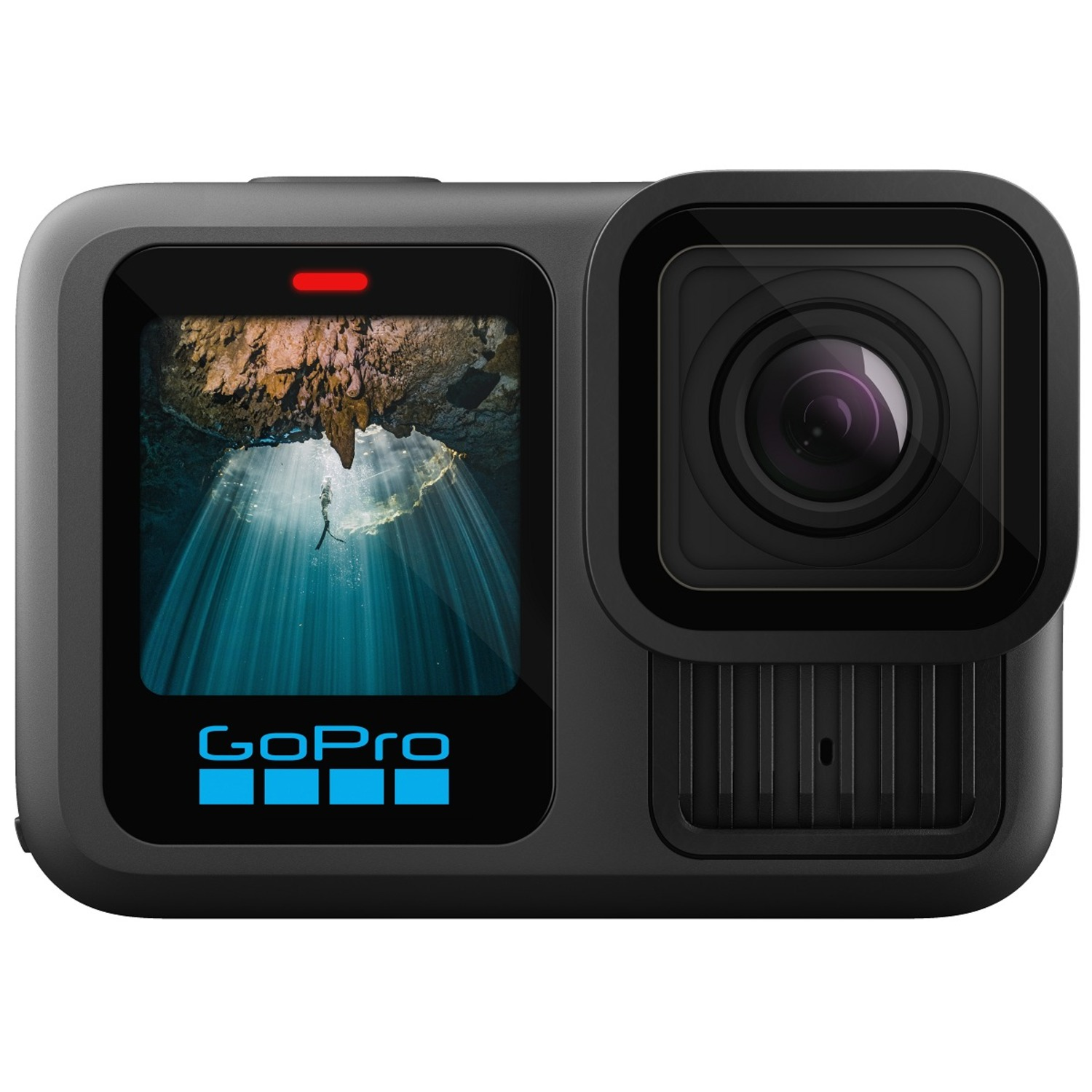 A black GoPro camera with a screen showing a landscape view.
