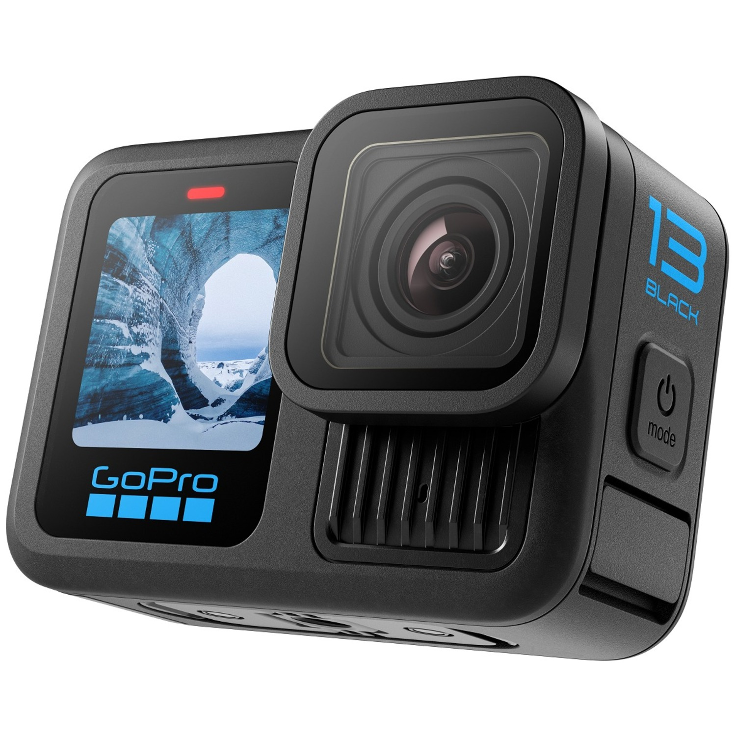 A black GoPro camera with a screen, lens, and buttons. The word GoPro is on the front.