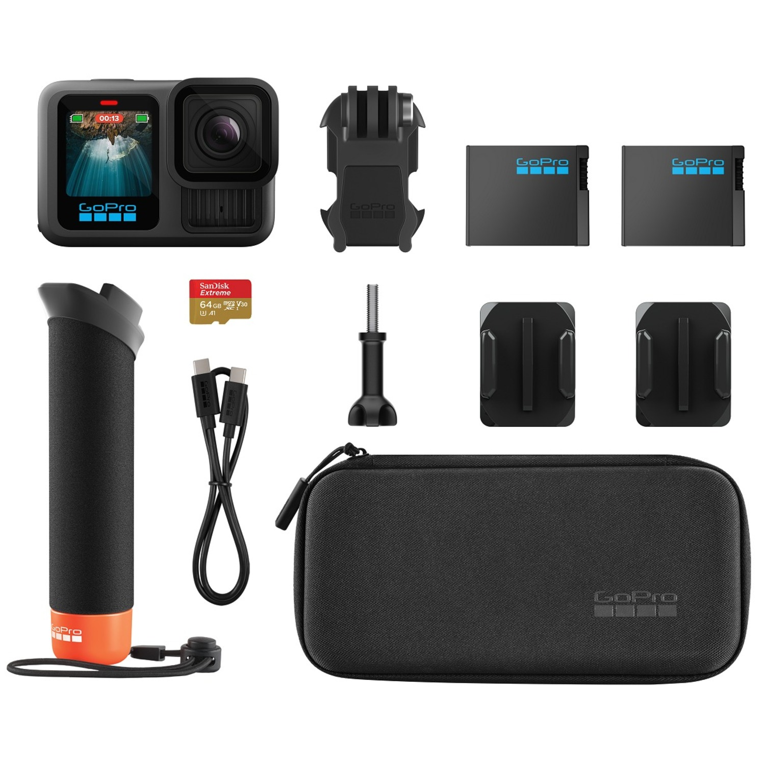 A collection of GoPro accessories, including a camera, batteries, mounts, a handle, and a carrying case.