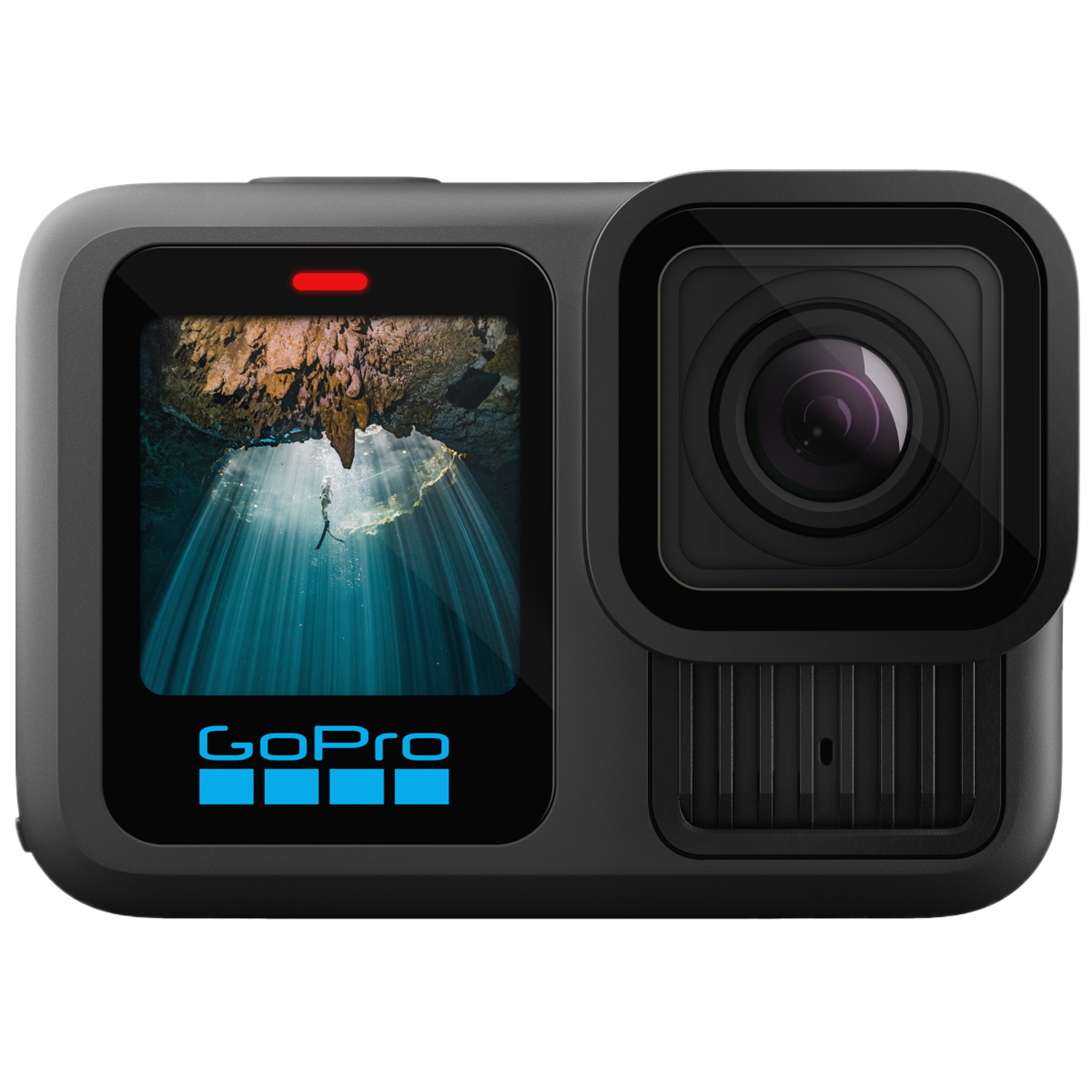 Black GoPro camera, with a screen displaying a cave scene, is isolated on a white background.
