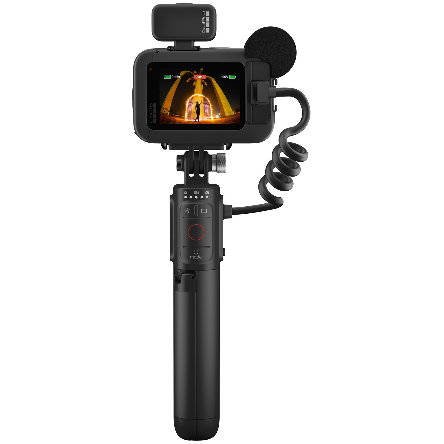 A black GoPro camera setup with a microphone and screen. The camera is on a stand.