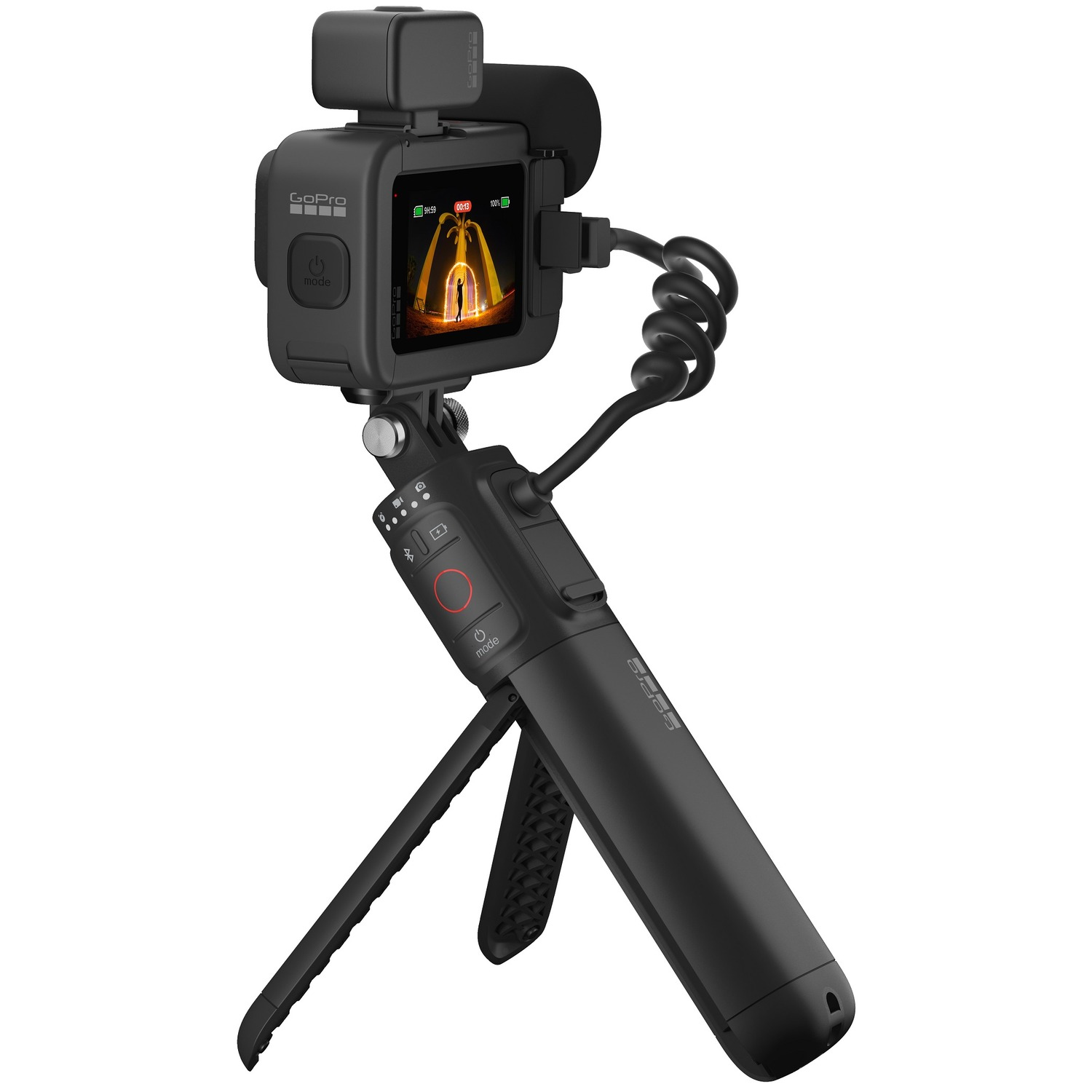 Black GoPro camera on a tripod, with a display screen showing a road. Accessories are attached.