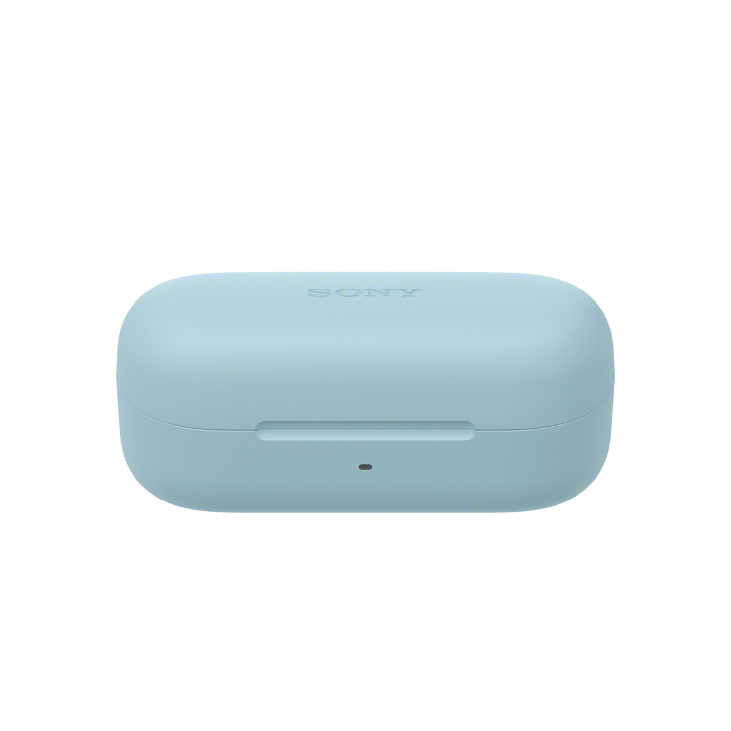 Un étui bleu clair pour écouteurs, rectangulaire avec un petit indicateur lumineux.