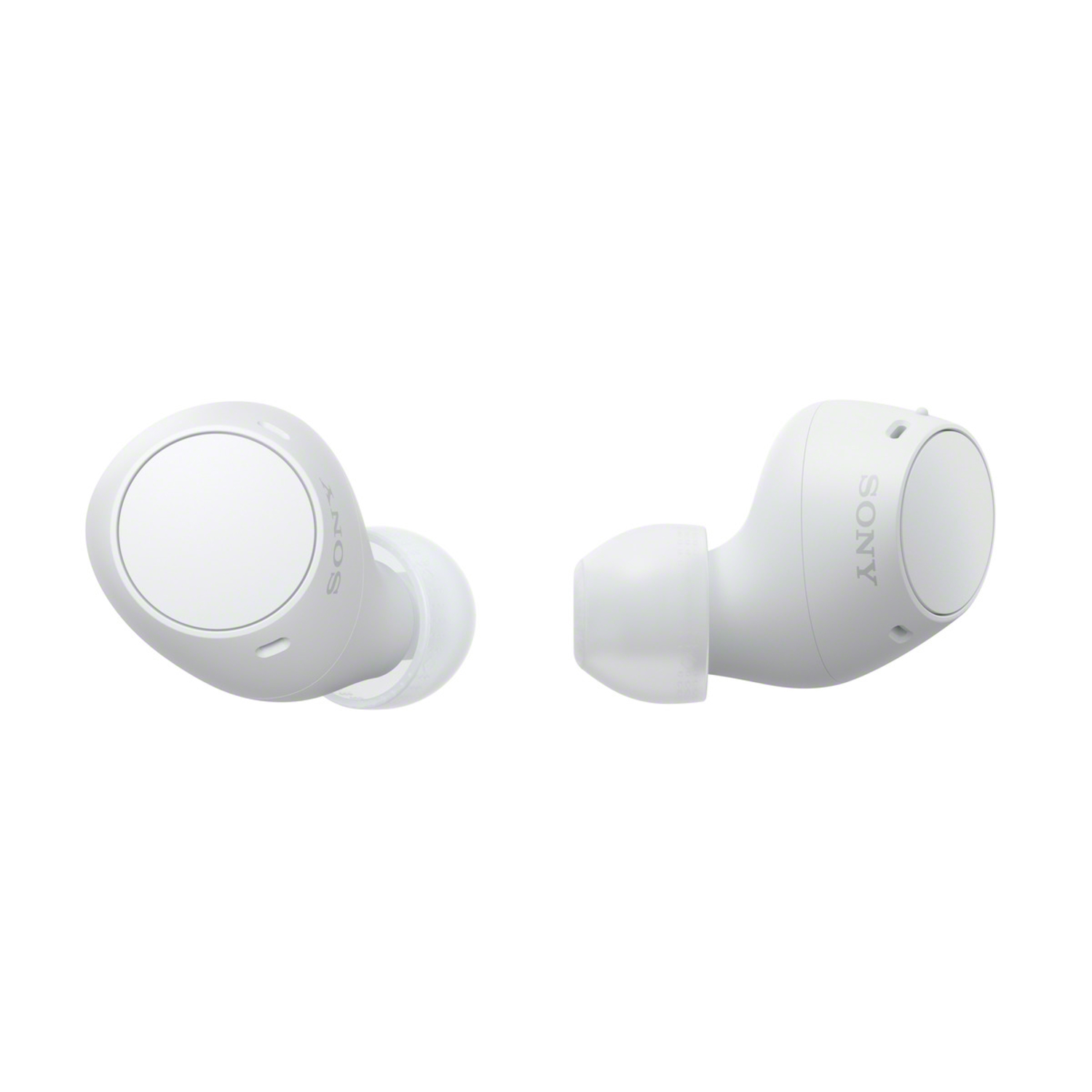 Deux écouteurs Sony blancs. Un écouteur est couché sur le côté.