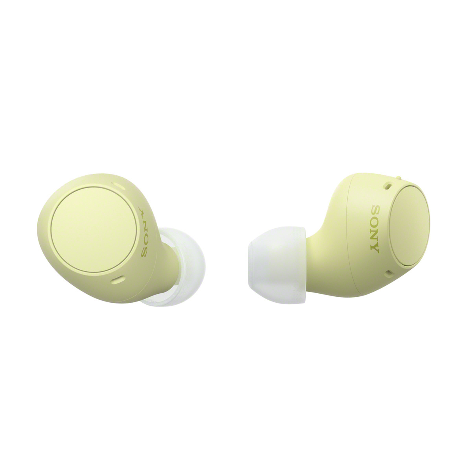 Deux écouteurs Sony jaune clair sur fond blanc. Chacun a le logo Sony.