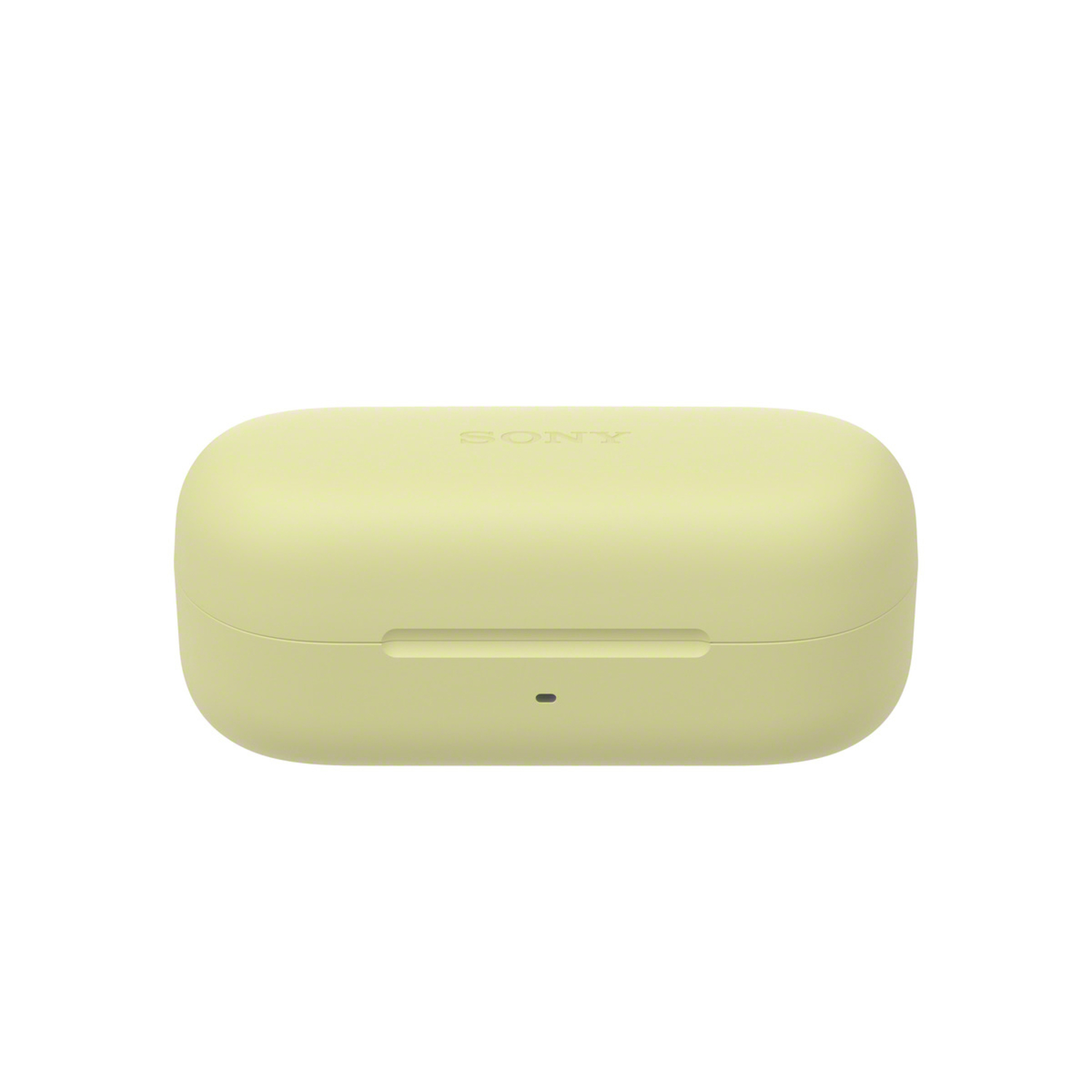Étui de chargement jaune pour écouteurs, fermé. L'étui a une petite lumière LED à l'avant.