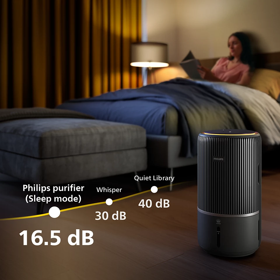 Fekete Philips légtisztító a hálószobában. Nő olvas az ágyon. Zajszintek láthatók.