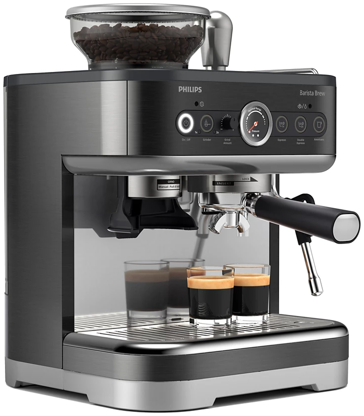 Fekete-ezüst Philips Barista Brew kávéfőző, két eszpresszóval.