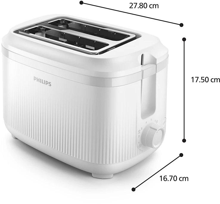 Egy fehér Philips kenyérpirító, a kenyérpirító oldalán méretekkel.