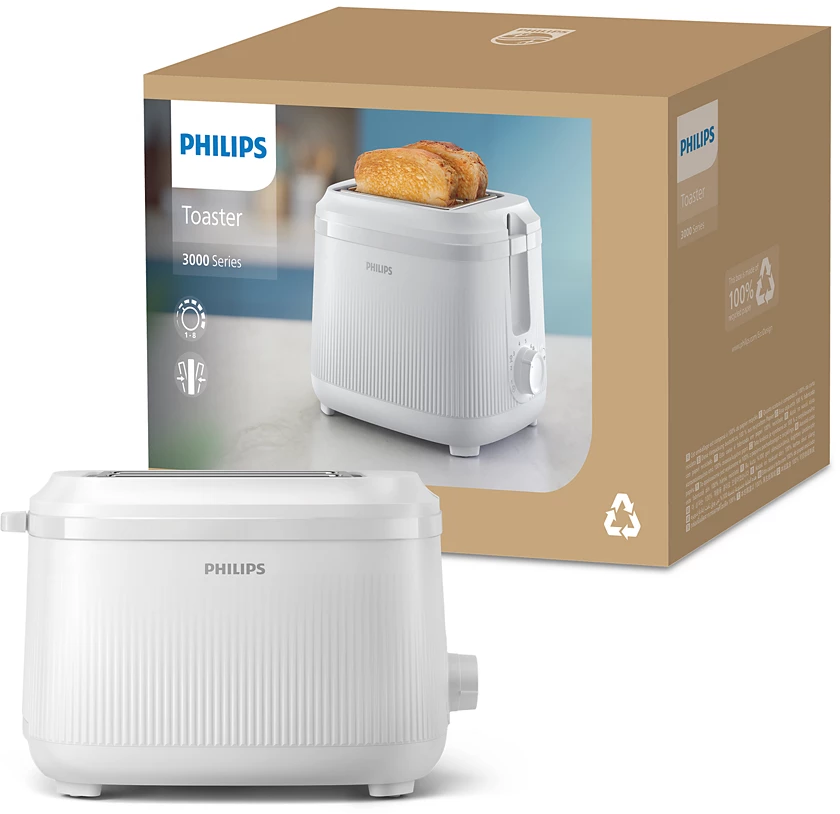 Fehér Philips kenyérpirító, két nyílással, és egy dobozzal. Pirított kenyér látható a pirítóban.