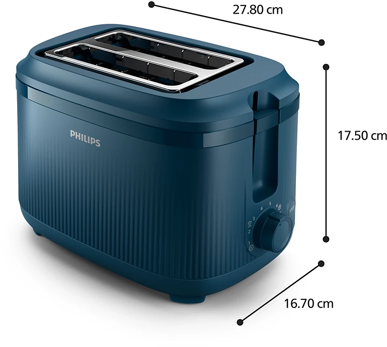 Egy sötétkék Philips kenyérpirító méretekkel, gombokkal és nyílásokkal. A méretek meg vannak adva.