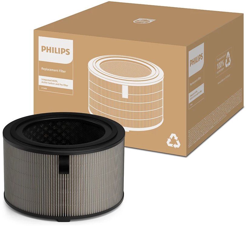 Philips légtisztító szűrője és doboza, barna és fehér színek.