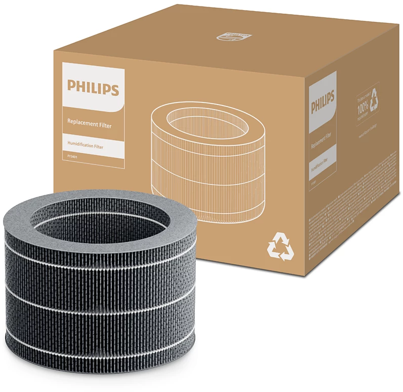 Szűrő és doboz egy Philips párásítóhoz, fehér háttérrel.