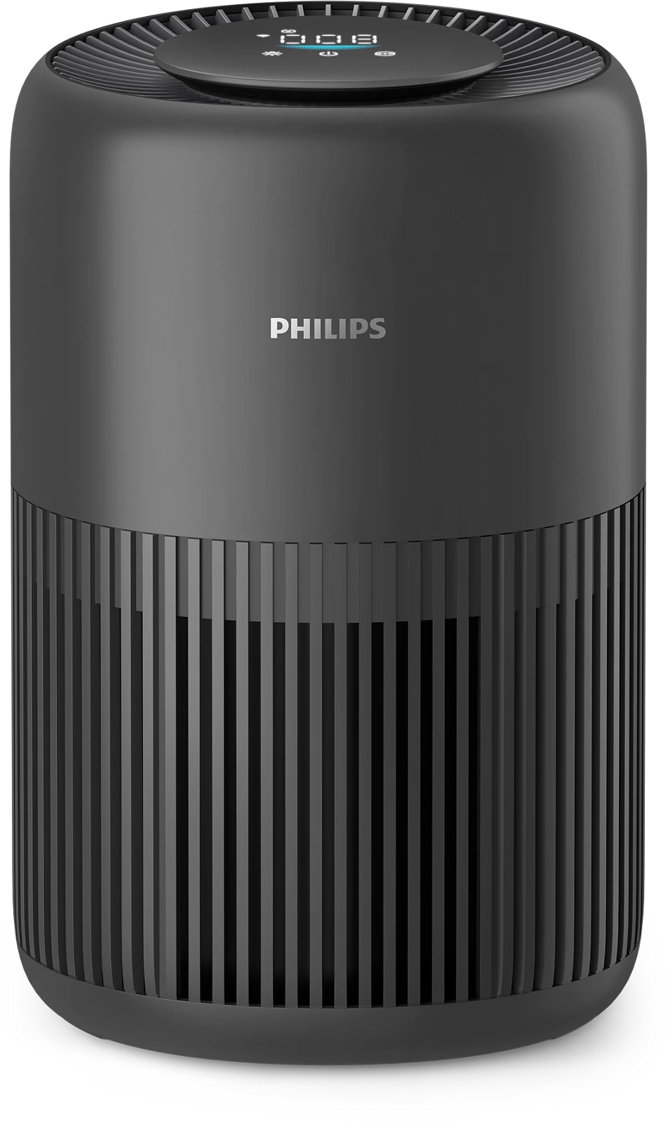 Fekete Philips légtisztító. Hengeres alakú, a tetején kijelzővel.