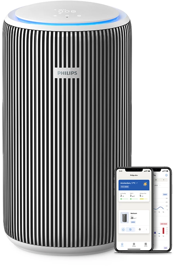 Légtisztító, fekete-fehér dizájn, két telefonnal, melyek az alkalmazás felületét mutatják.