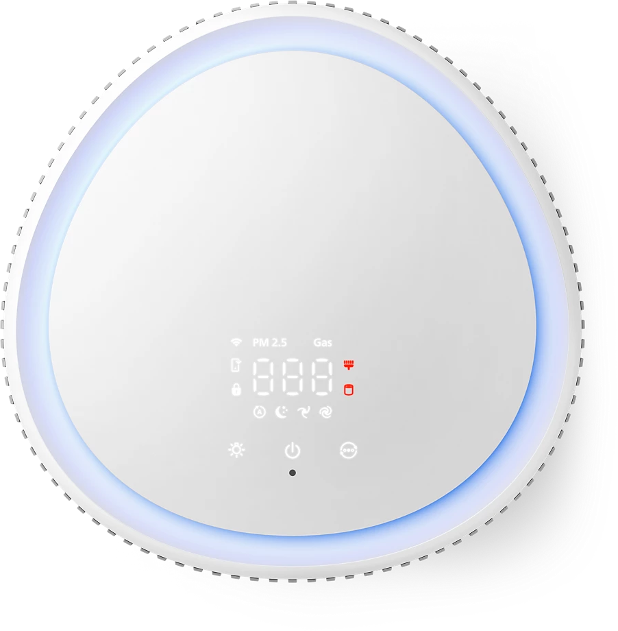 Fehér légtisztító 888 kijelzéssel, PM2.5 és Gáz jelzőkkel, kék fénygyűrűvel.