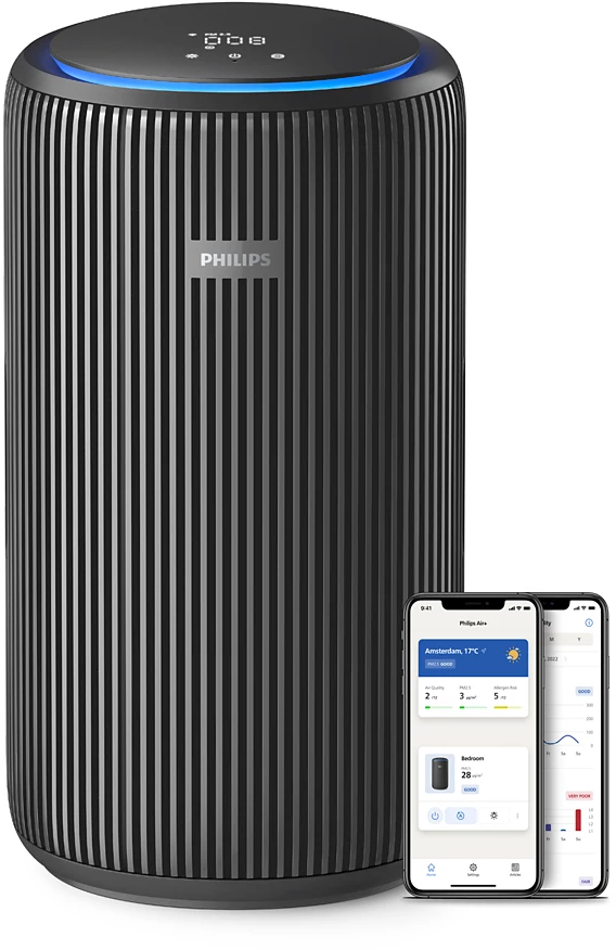 Fekete légtisztító telefonos alkalmazással. PM2,5-öt és grafikont mutat. Kék fénygyűrű.