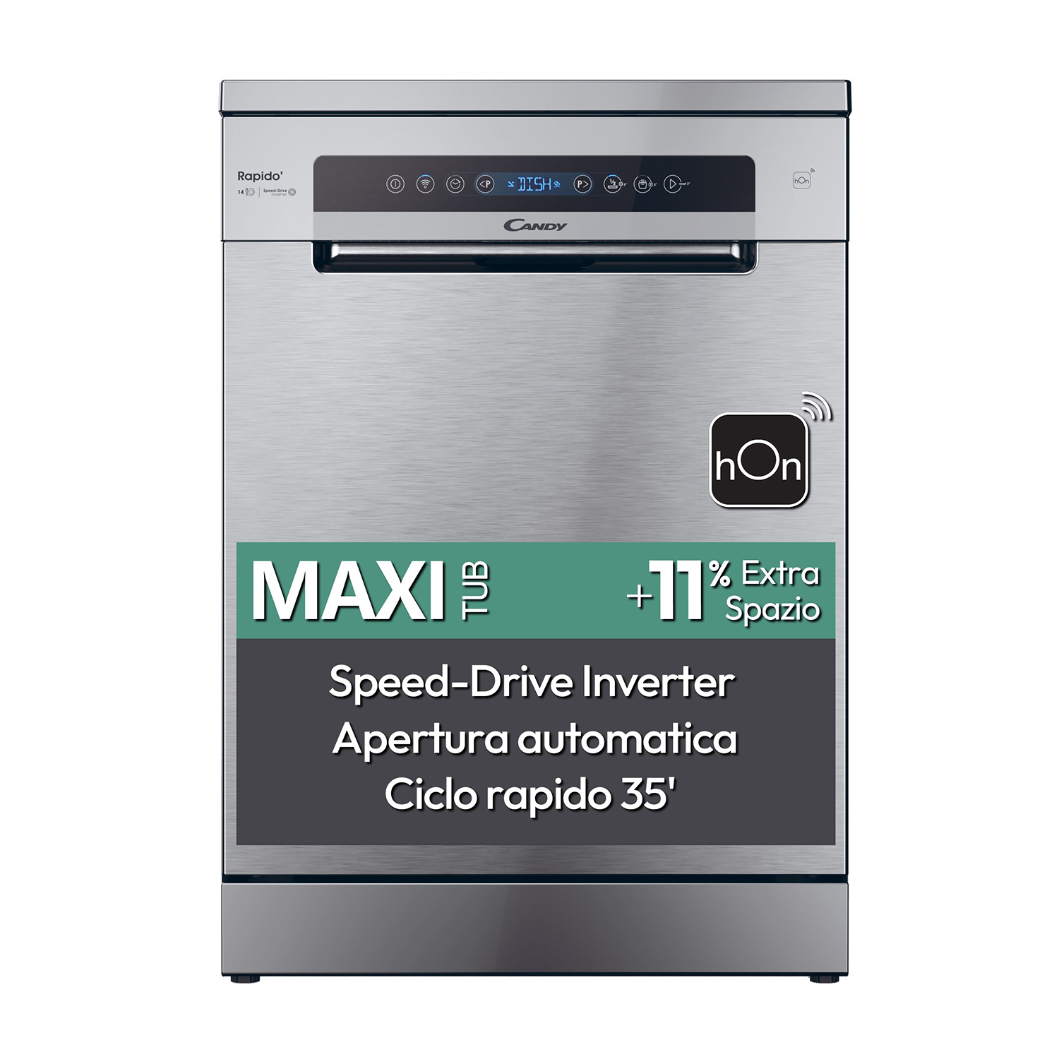 Lavastoviglie argentata con display digitale e testo: Maxi Tub, +11% Extra Spazio, Speed-Drive Inverter, Ap. automatica.
