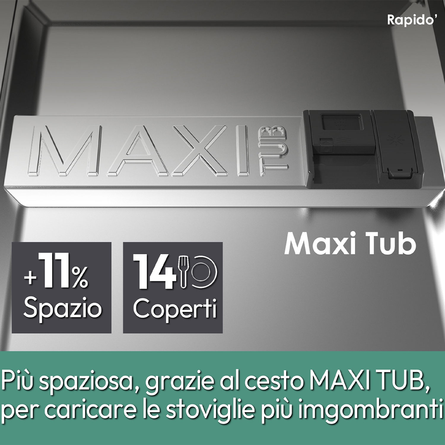 Una porta della lavastoviglie con la parola MAXI a grandi lettere e testo sullo spazio e sulla capacità.