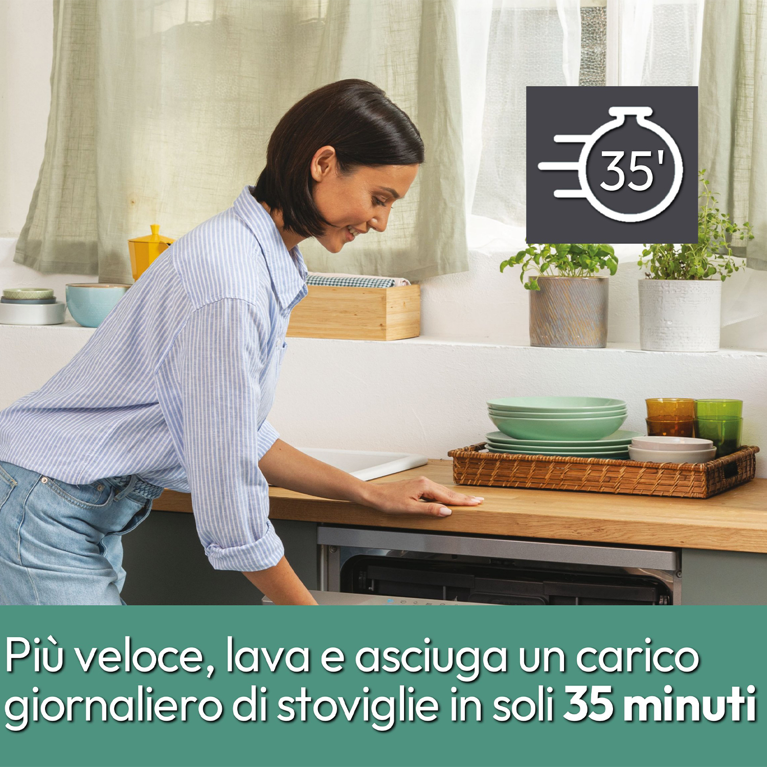 Una donna che mette i piatti in una lavastoviglie con un timer di 35 minuti visibile.