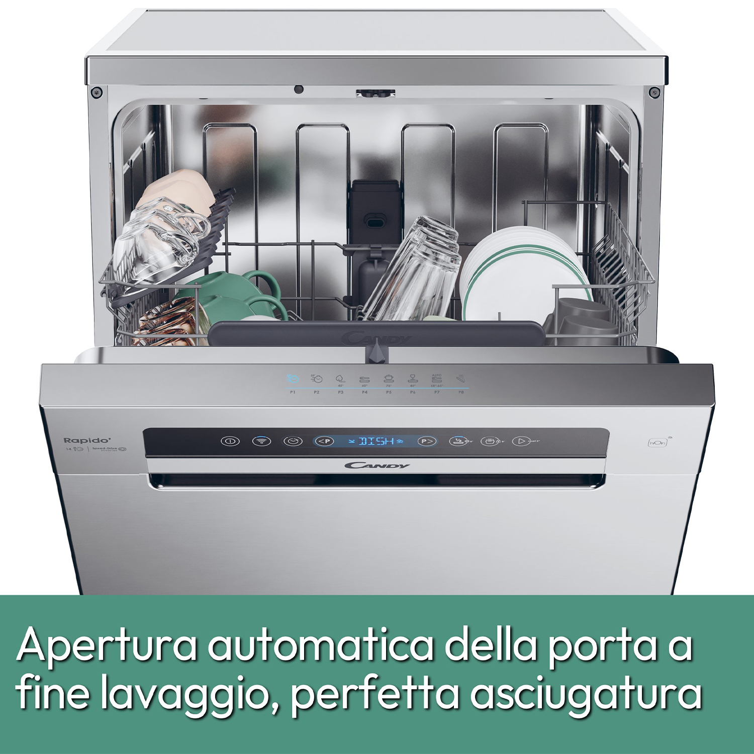Lavastoviglie con porta aperta, che mostra piatti puliti. Pannello di controllo con pulsanti.