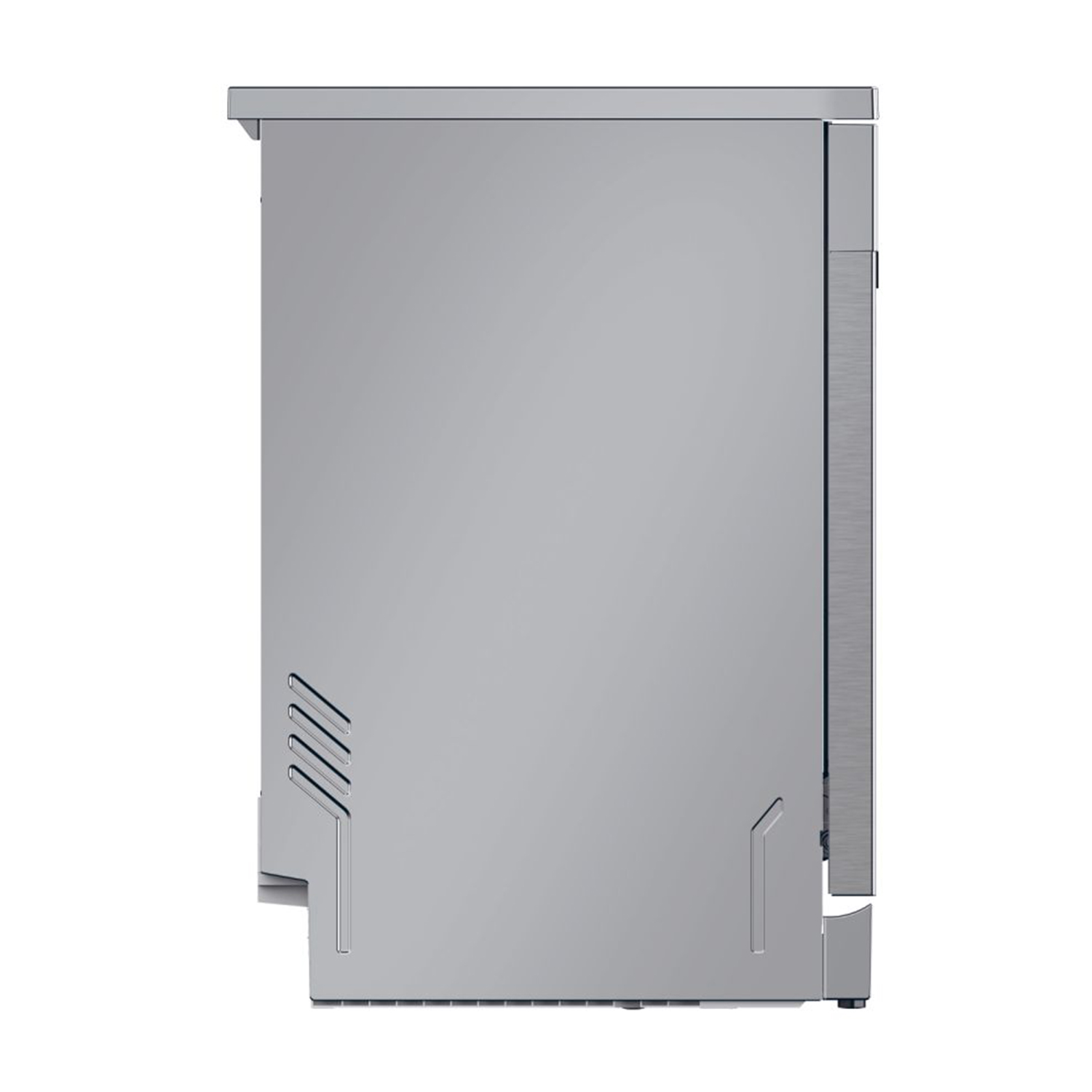 Vista laterale di un elettrodomestico grigio e rettangolare. Design minimalista.