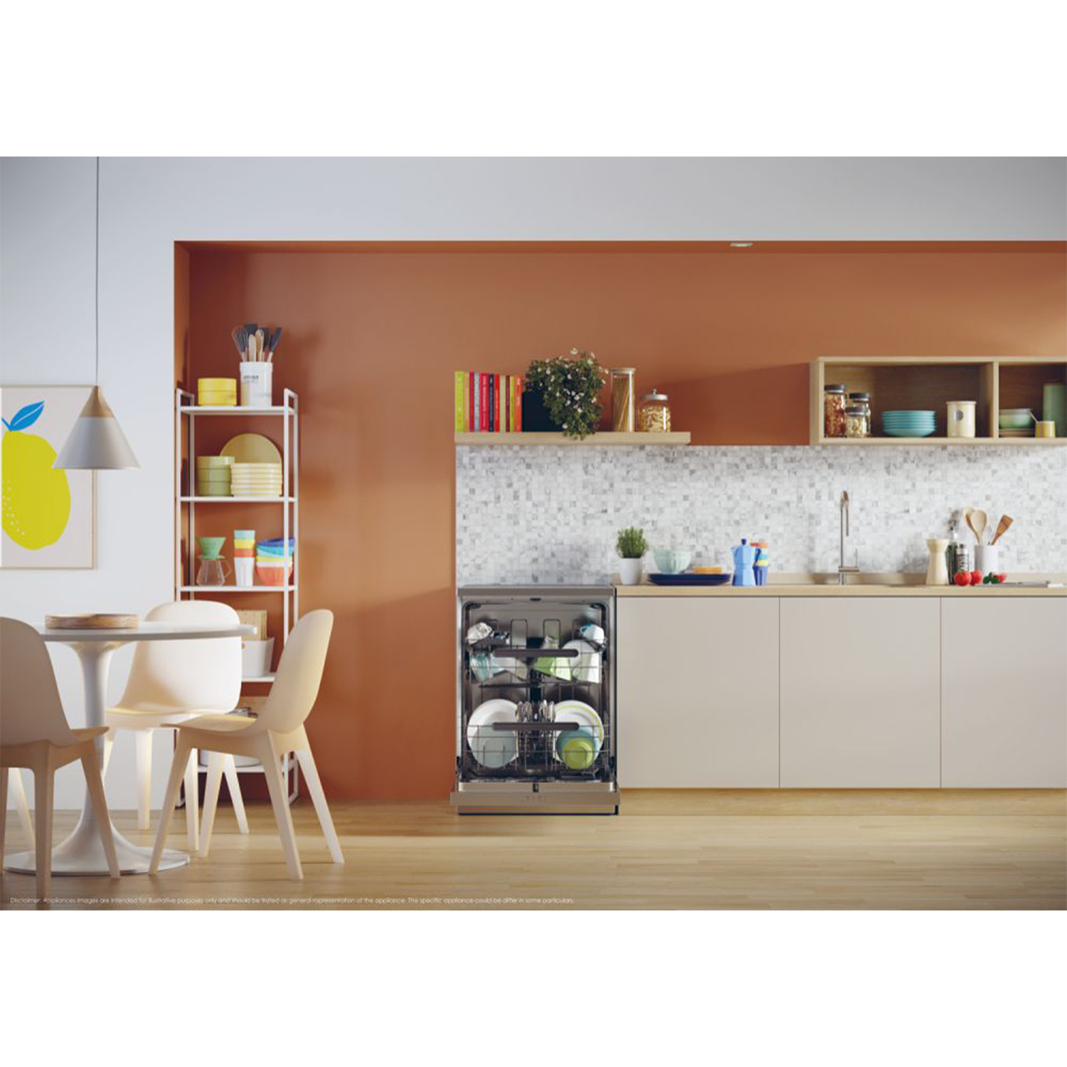 Una scena di cucina con una lavastoviglie aperta, piena di piatti, su uno sfondo colorato.