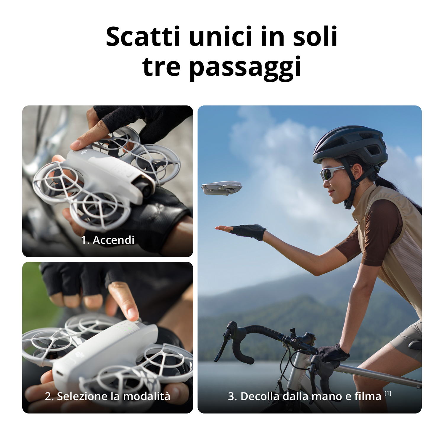 Passaggi per usare un drone, tra cui accensione, selezione della modalità e decollo.