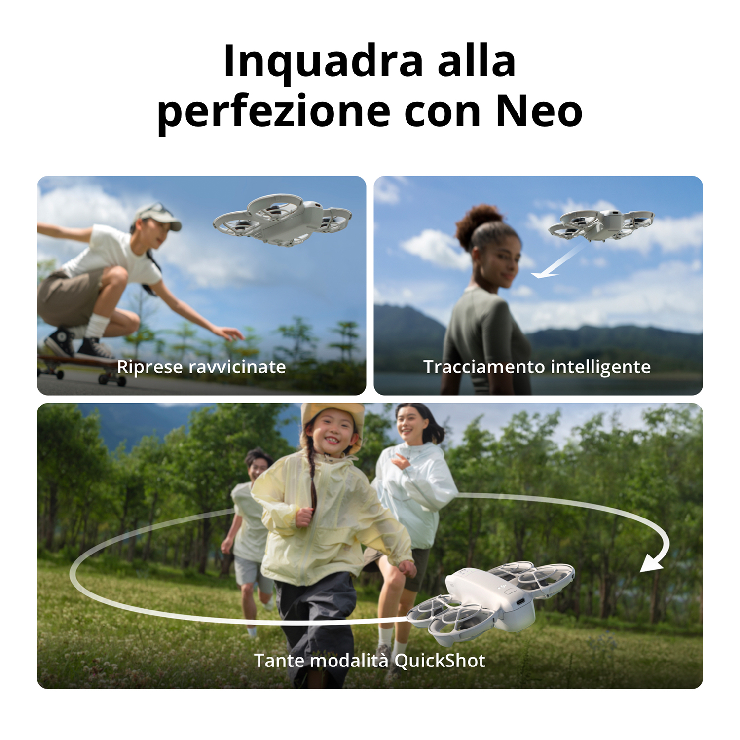 Un drone in azione, con persone e varie scene visualizzate, in testo italiano.