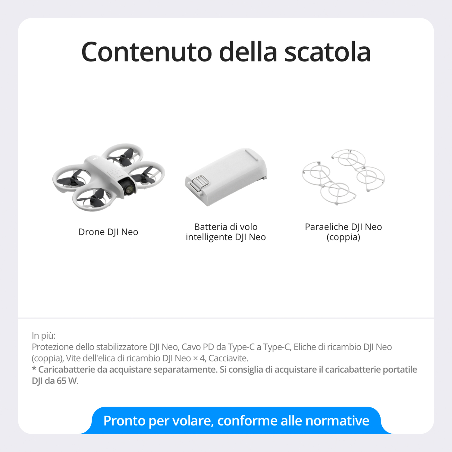 Un'immagine del contenuto di una scatola, incluso un drone.
