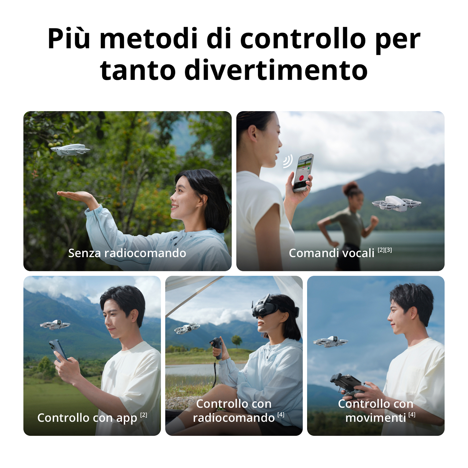 Persone che usano droni con vari metodi di controllo, gesti e app.