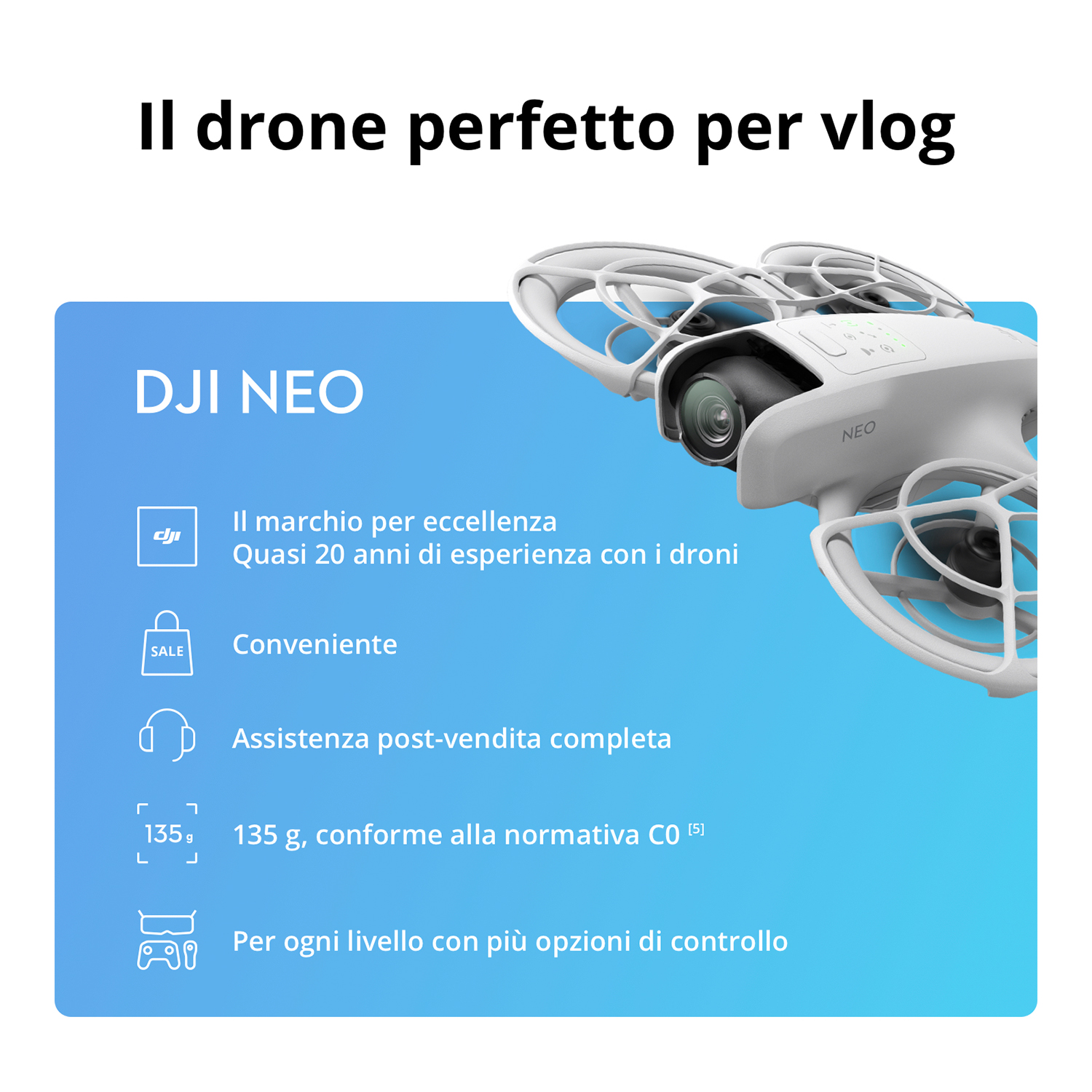 Drone con testo: 'Il drone perfetto per il vlogging' e informazioni sul prodotto.