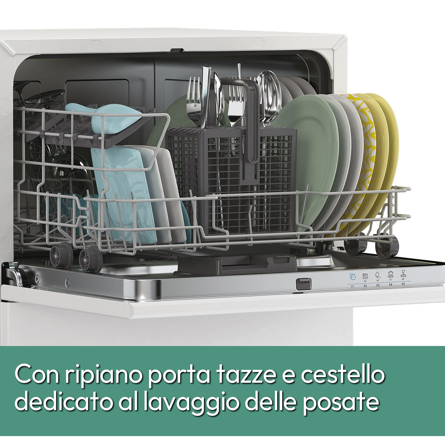 Interno della lavastoviglie con piatti, utensili e un portabicchieri.
