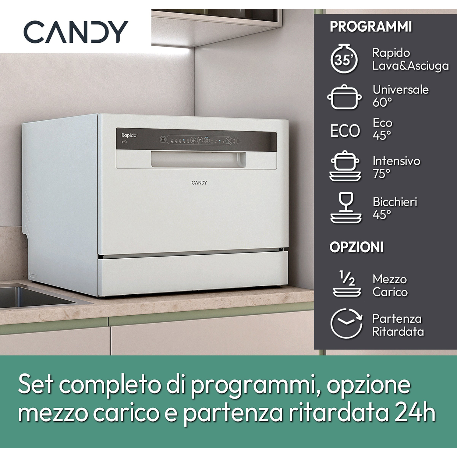 Lavastoviglie Candy bianca con programmi e opzioni sul pannello frontale.