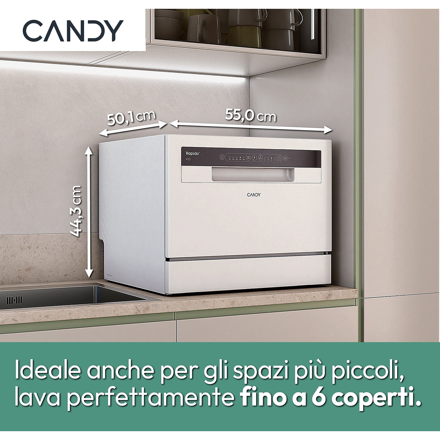 Una lavastoviglie Candy bianca con dimensioni in un ambiente cucina.