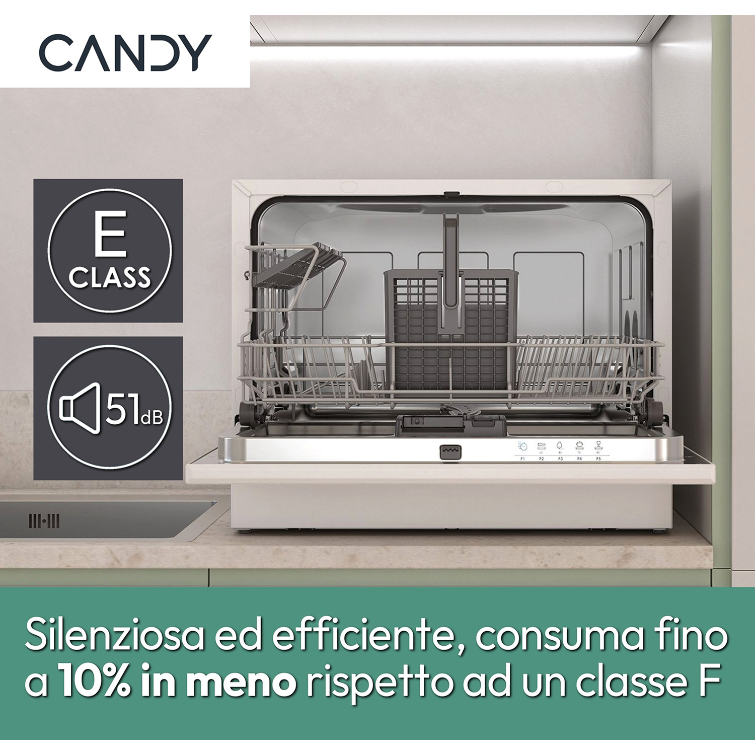 Lavastoviglie con porta aperta. Testo: Silenziosa ed efficiente, consuma fino al 10% in meno.