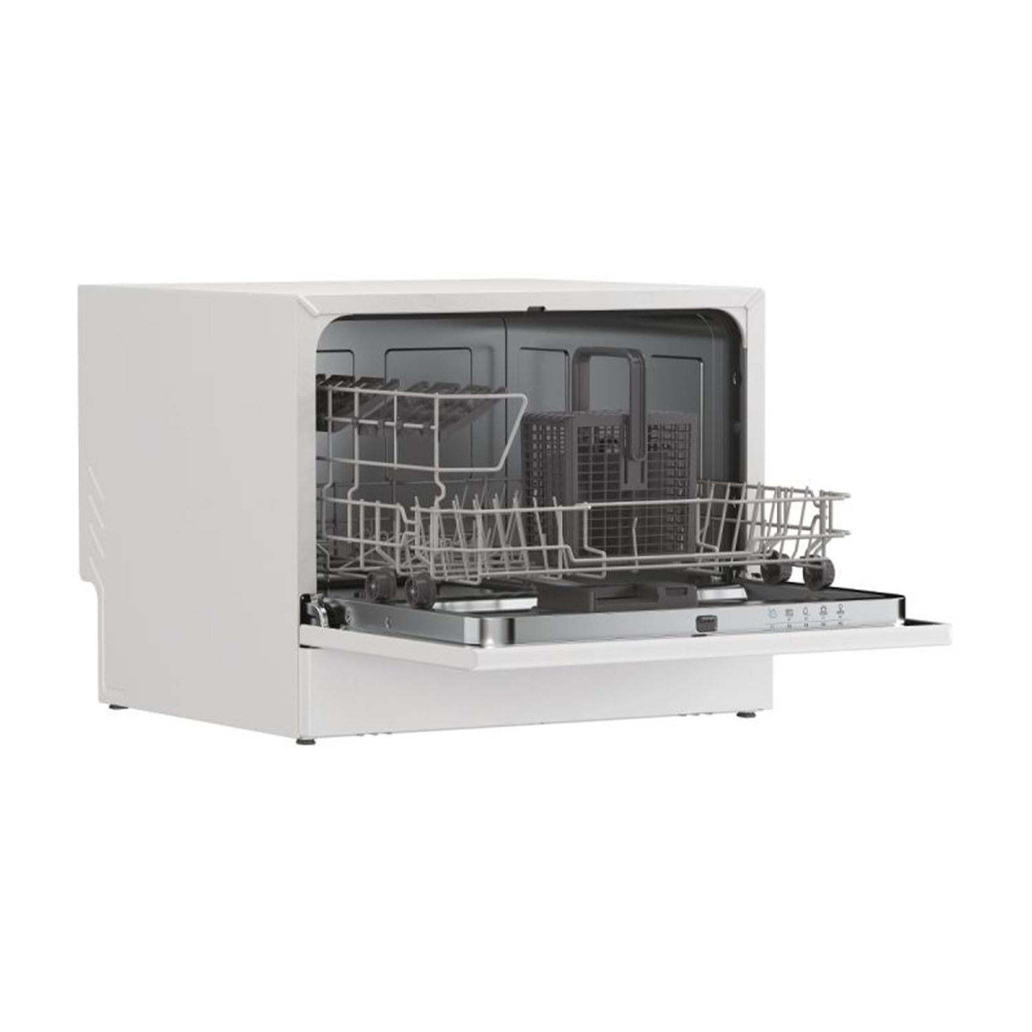 Mini lavastoviglie bianca con porta aperta e cestelli metallici. Interno visibile.