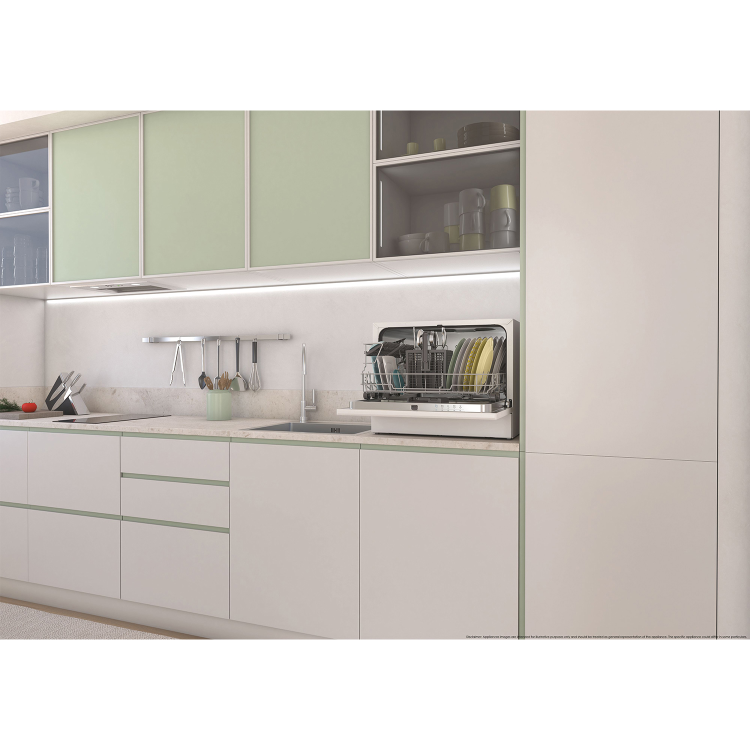 Cucina moderna con mobili bianchi e lavastoviglie. Accenti verde chiaro ed elettrodomestici in acciaio inox.