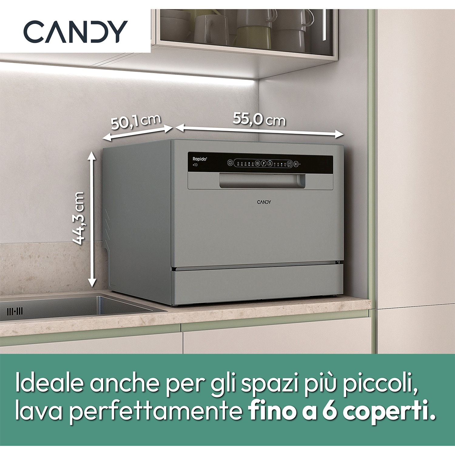 Una lavastoviglie Candy grigia con dimensioni, in una cucina, con testo sotto.
