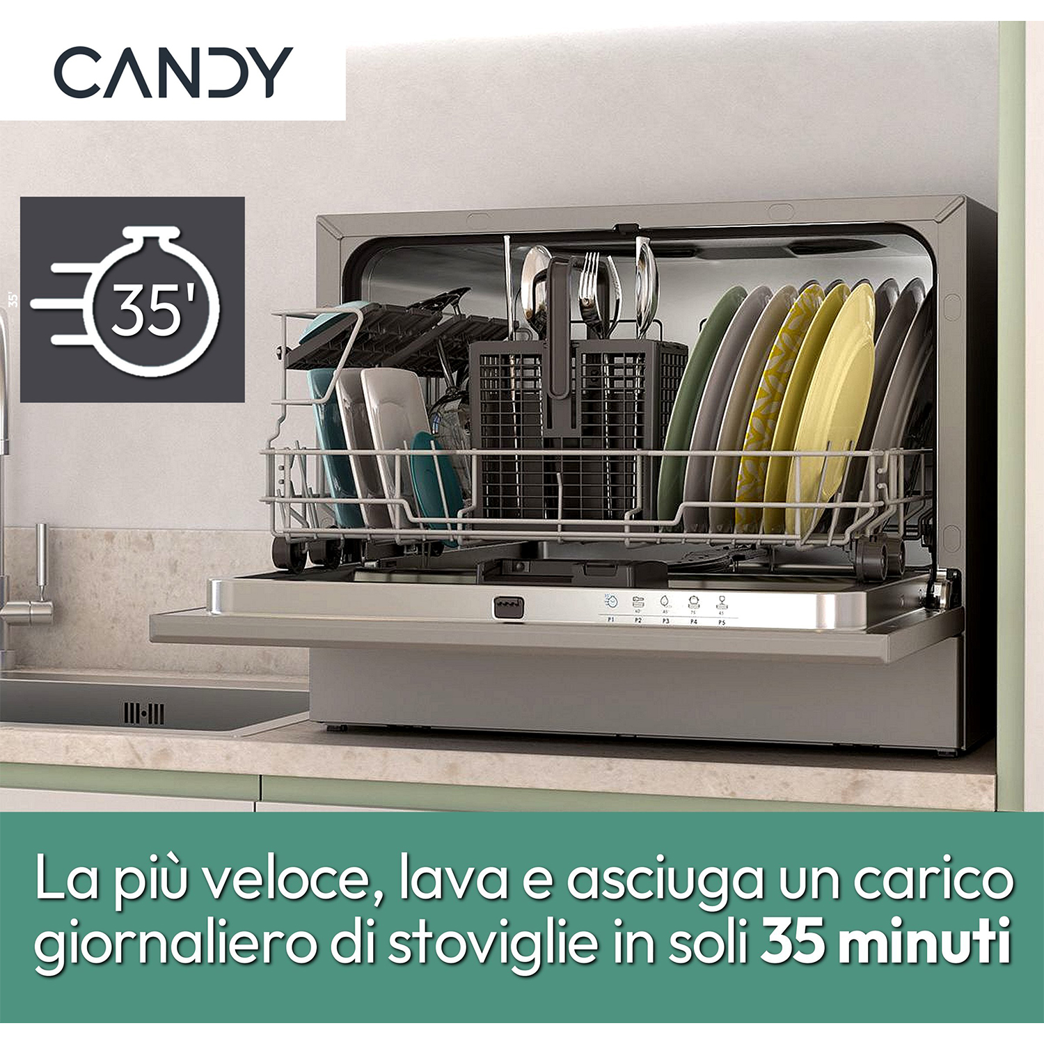 Lavastoviglie con porta aperta che mostra i piatti. Il testo recita "35'" e testo italiano.