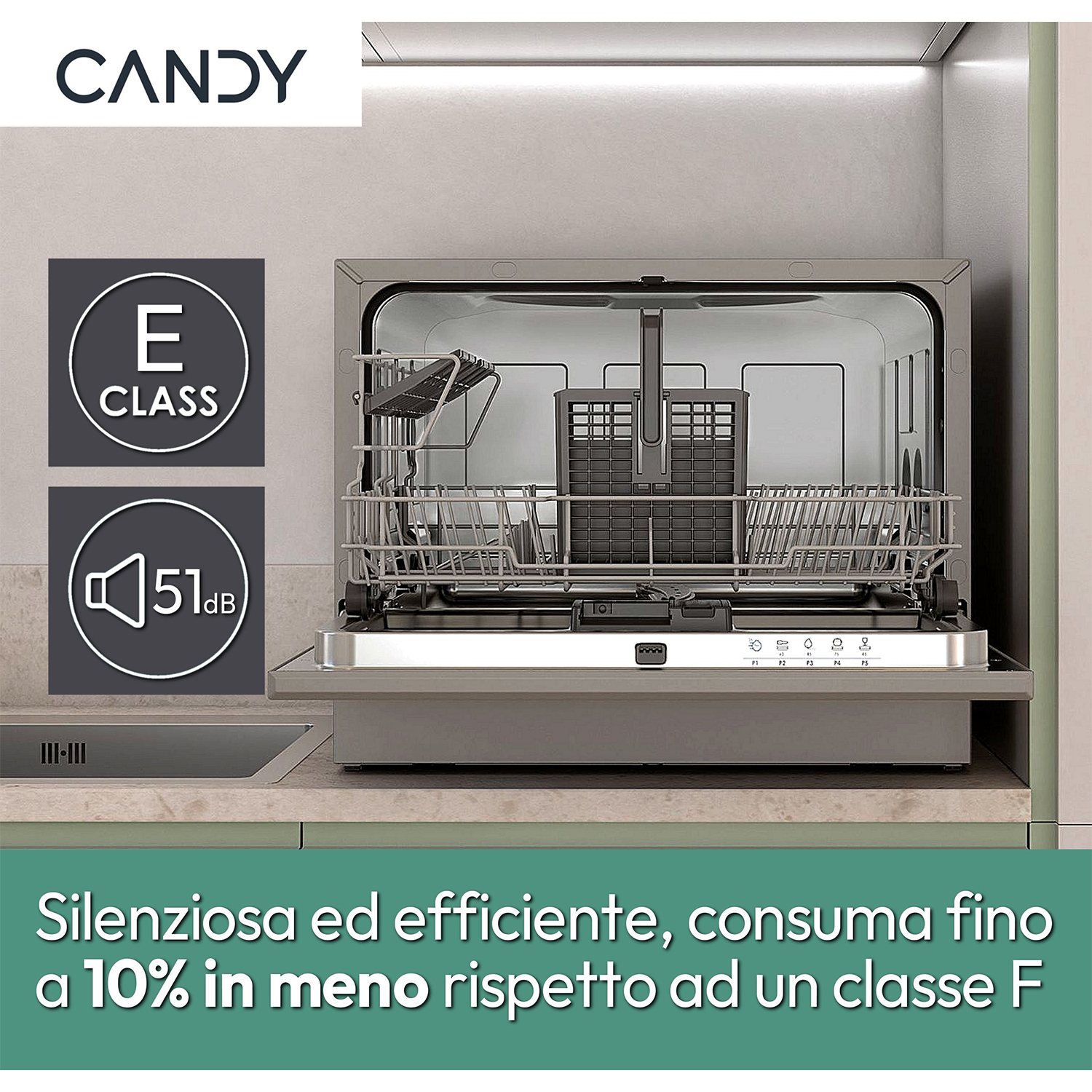 Una lavastoviglie con la porta aperta. Il testo recita 'E CLASS' e '51dB'. Lo sfondo è bianco.