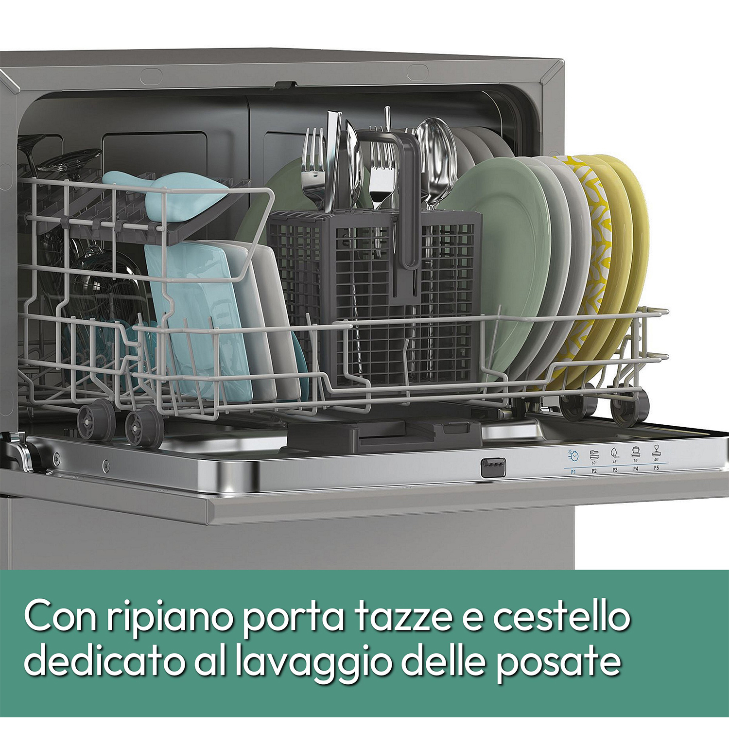 Lavastoviglie con porta aperta, piena di piatti, bicchieri e utensili.
