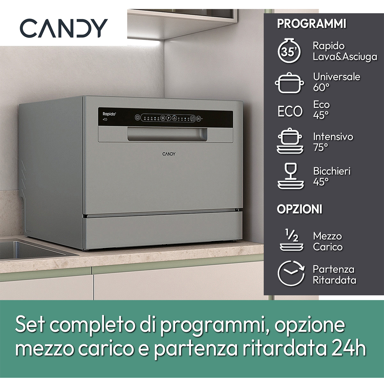 Lavastoviglie Candy argentata con opzioni di programma a destra.