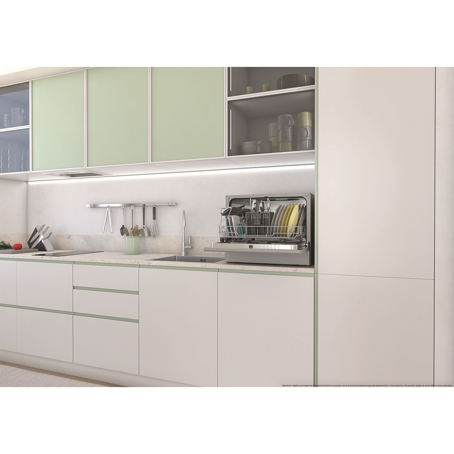 Cucina moderna con mobili bianchi e dettagli verdi. Lavastoviglie aperta, piena di piatti.