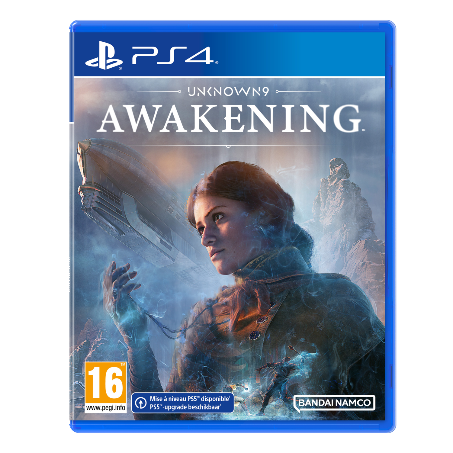 PS4 game cover: 'Unknown9 Awakening'. Een vrouw met een futuristisch luchtschip en een mystieke aura.