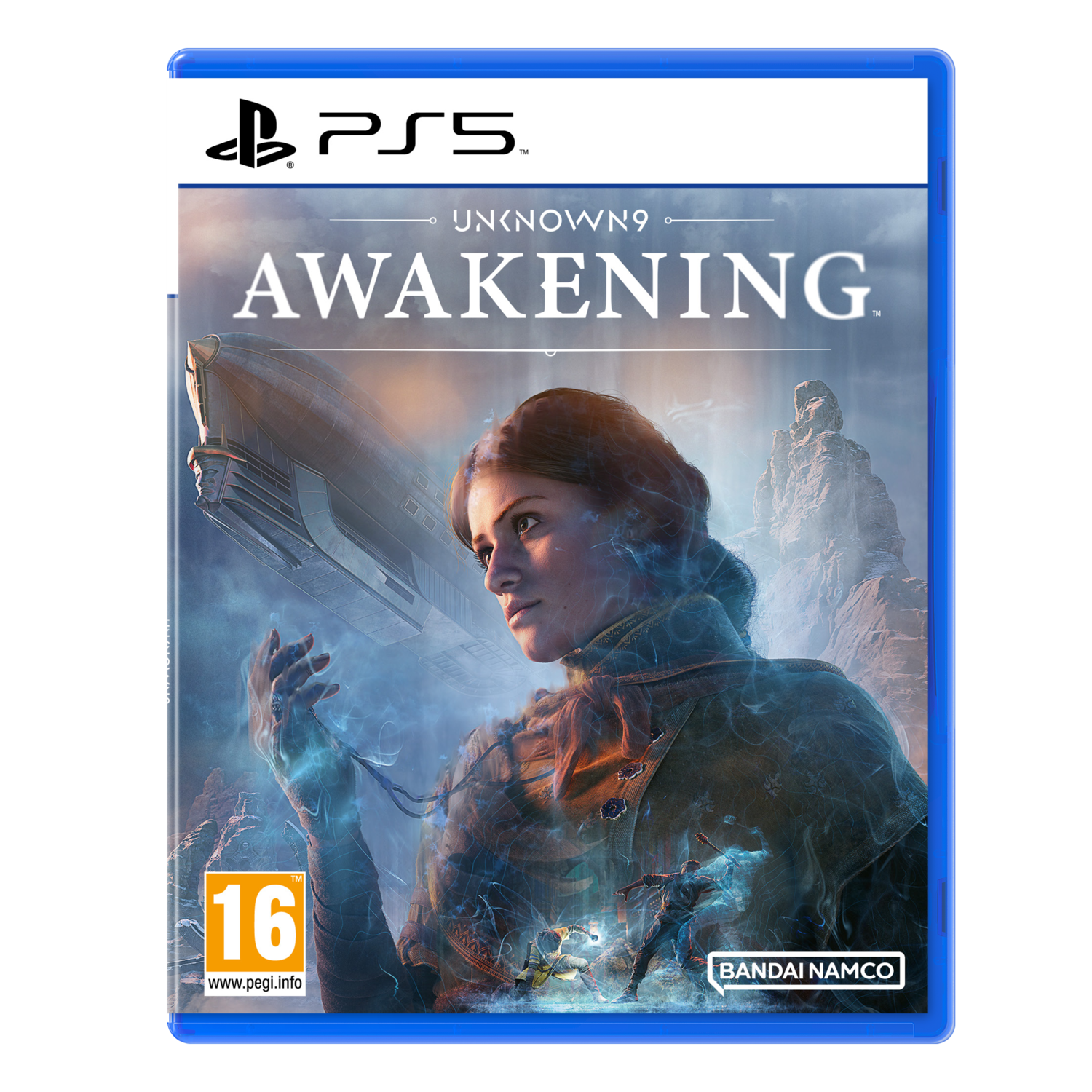 PS5-gamebox met het gezicht van een vrouw, een futuristische scène en de titel 'Unknown9: Awakening'.