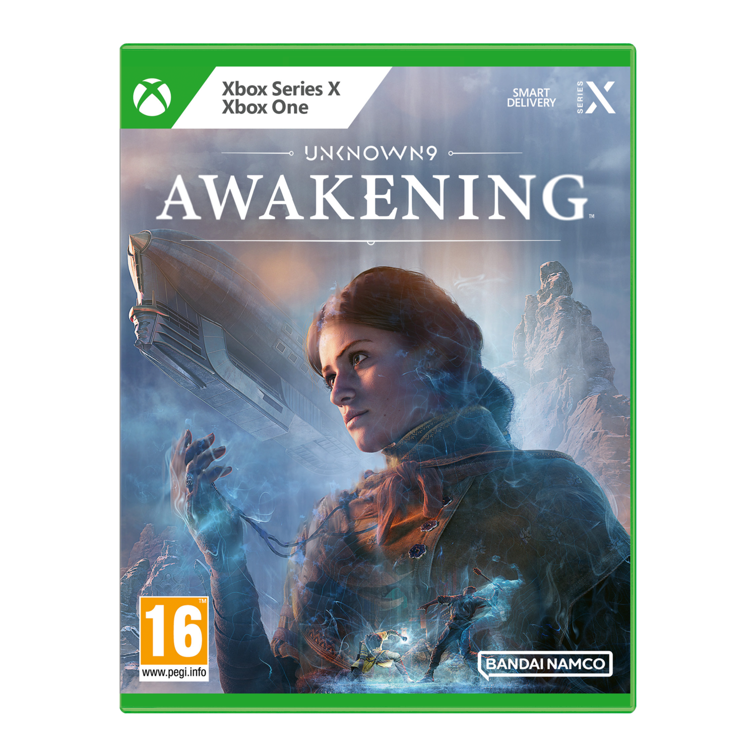 Gamebox van Unknown9: Awakening. Een vrouw kijkt omhoog. Een futuristisch schip op de achtergrond.