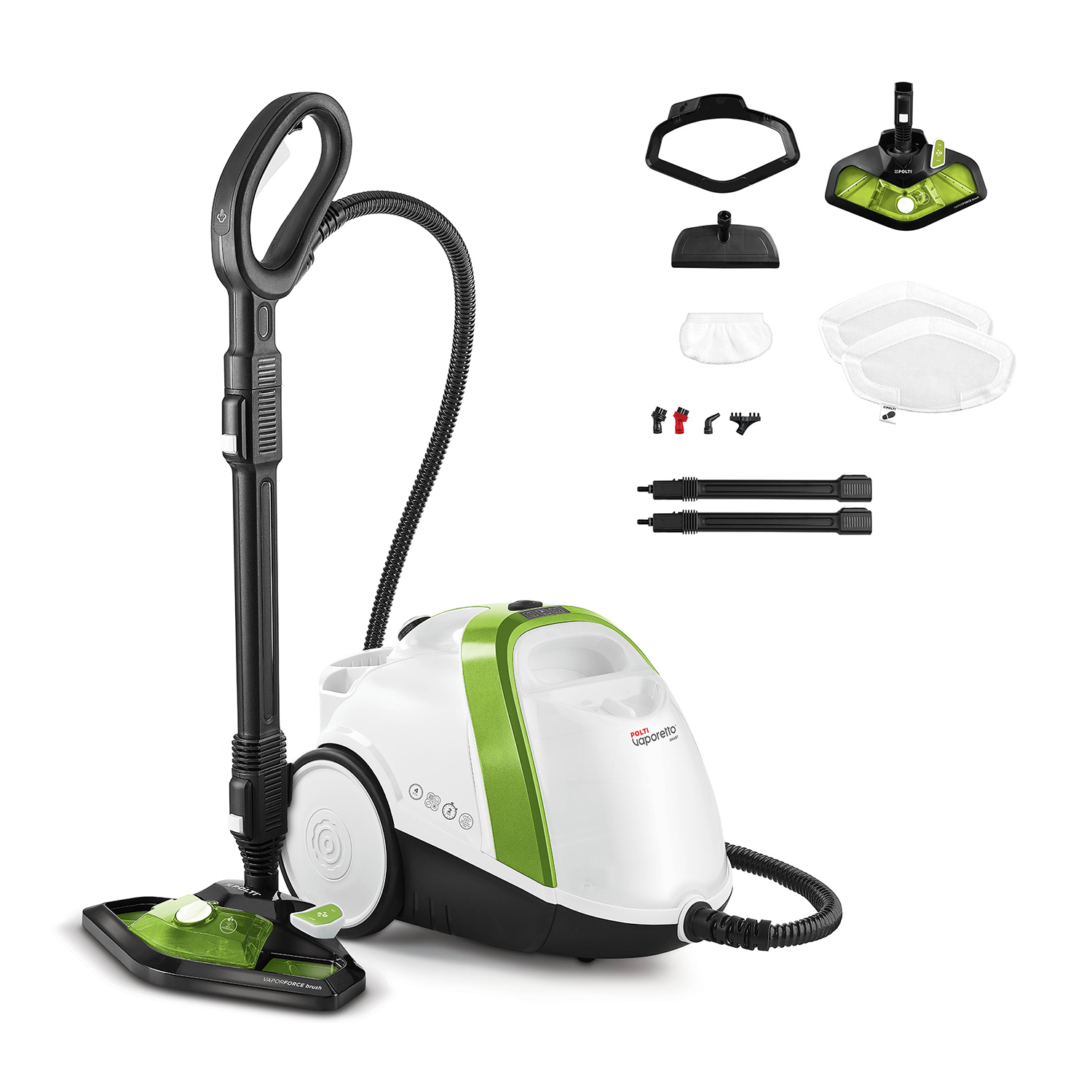 Pulitore a vapore con accessori. Design bianco e verde. Vari attacchi.