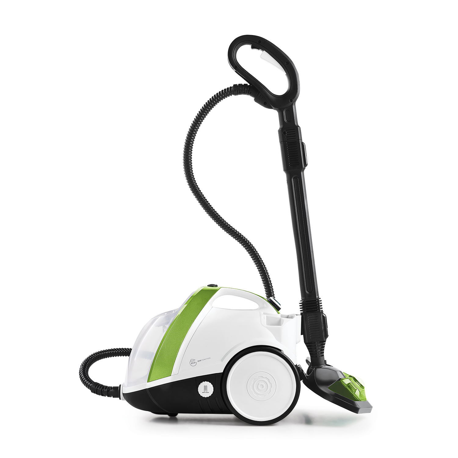 Pulitore a vapore bianco e verde con manico e tubo.